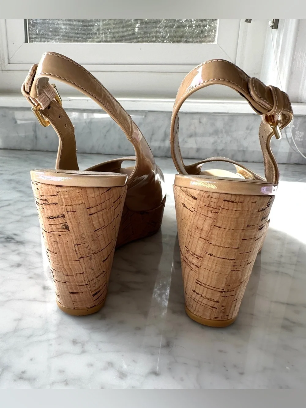 Stuart Weitzman Iridescent Nude Patent Slingback Wedges - Picture 7 of 9